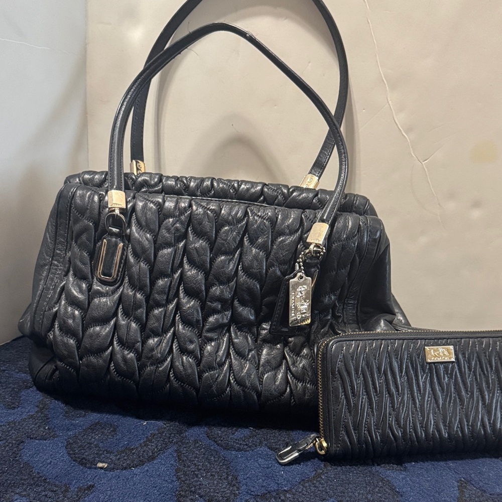 Elegant Black Quilted Leather Tote with matching wallet
